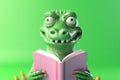 Crocodile Smiling Bookworm. Character Wearing Glasses And Reading A Book. Illustration Part Of Animals In Library Collection.