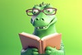 Crocodile Smiling Bookworm. Character Wearing Glasses And Reading A Book. Illustration Part Of Animals In Library Collection.