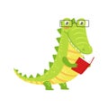 Crocodile Smiling Bookworm Zoo Character Wearing Glasses And Reading A Book Cartoon Illustration Part Of Animals In