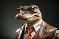 Crocodile with sunglasses wearing leather jacket and tie on solid background. Generative AI