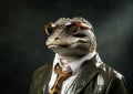 Crocodile with sunglasses wearing leather jacket and tie on solid green background. Generative AI