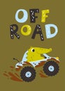 Crocodile in an SUV in the mud with lettering. Cute cartoon character in simple hand drawn childish style. Vector