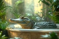 Crocodile taking a bath in a bathtub Royalty Free Stock Photo