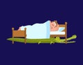 Crocodile under bed. frightened Man sleeps on bed. Vector illustration.