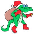 Crocodile walking during Christmas celebration distributing gifts, doodle icon image kawaii