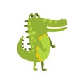 Crocodile Walking On Two Legs Flat Cartoon Green Friendly Reptile Animal Character Drawing