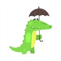 Crocodile Walking Under Rain With Umbrella, Humanized Green Reptile Animal Character Every Day Activity