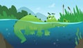 Crocodile in water. Alligator amphibian reptile wild green angry wild animal swimming vector cartoon background Royalty Free Stock Photo