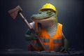 crocodile wearing a construction workers uniform