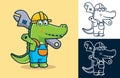 Crocodile wearing worker uniform while bearing big monkey wrench. Vector cartoon illustration in flat icon style Royalty Free Stock Photo