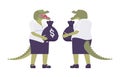 Crocodile woman, green reptile, animal head, tail human, money sack