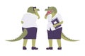 Crocodile woman, green reptile, animal head, tail human with smartphone