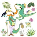 Crocodiles -jazz musicians, frog, tropical plants. Cute vector nursery set of tropical animals