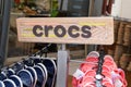 Crocs text sign and logo brand of American company store manufactured foam clog Royalty Free Stock Photo