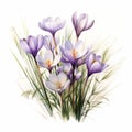 Detailed Crocus Bouquet In Watercolor On White Background