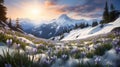 Crocus flowers heralding spring on snowy mountain slopes at sunset