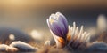 Crocus macro. Spring white flowers. Panoramic meadow landscape with blossoming plants and sun glare AI Generated Royalty Free Stock Photo