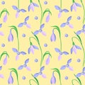 Crocus Seamless pattern, yellow background. Cute Isolated Spring flowers on background for your design. Floral nature. Perfect for