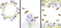 Crocus and wildflower of beautiful floral frame wedding invitation set. Beautiful garden botanical border with butterfly