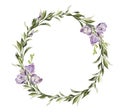 Crocus wreath, green leaves. Floral wedding card. watercolor