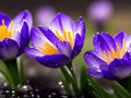 Crocuses in drops of water on the background of tracks of rain drops