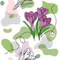 Crocuses flowers background, memphis textile pattern, wrapping, cloth, print. Royalty Free Stock Photo