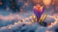 Crocuses open amidst snow patches, close-up, anticipation of spring, nature awakens Royalty Free Stock Photo