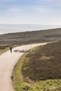 Crofter and Sheep on highland road in Scotland.