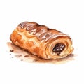 Watercolor Pastry Roll With Chocolate Glaze On White Background