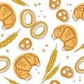 Croissant, bagels, ear, pretzels seamless pattern. Doodle vector. Vintage food icons,s weet elements background for menu, cafe sho