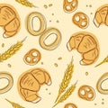 Croissant, bagels, ear, pretzels seamless pattern. Doodle vector. Vintage food icons,s weet elements background for menu, cafe sho