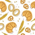 Croissant, bagels, ear, pretzels seamless pattern. Vintage food icons,s weet elements background for menu, cafe shop. Bakery backg