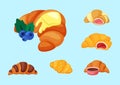 Croissant. Bakery fresh food with delicious chocolate cream sliced pieces. Vector cartoon illustrations of products