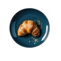 Croissant On A Blue Round Smooth Plate, French Dinners. Generative AI