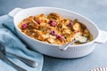 Croissant bread pudding with custard creamy sauce and vanilla ice cream very delicious dessert Royalty Free Stock Photo