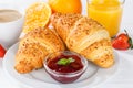 Croissant breakfast croissants orange juice coffee food hotel buffet jam Royalty Free Stock Photo