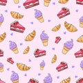 Croissant cake icecream seamless pattern vector