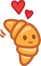 Croissant cartoon character doodle showing some love with flying hearts. Perfect croissant love mascot for your bakery