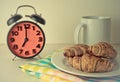 Croissant coffee Breakfast with red alarm clock Royalty Free Stock Photo