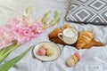 Croissant, coffee cup, macaroons