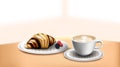Croissant with coffee latte cup on table and bokeh background.