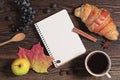 Croissant with coffee, opened notepad end fruits