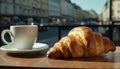 Croissant and cup of coffee on a table outdoors