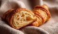 A croissant is cut in half and is on a table Royalty Free Stock Photo