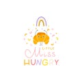 Croissant cute smile. Postcard with lettering. Little Miss Hungry. Hand drawn cartoon doodle kawaii fast food character