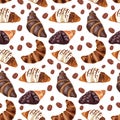 Croissant with different fillings cream chocolate and sesame. Seamless pattern on white background. Print for menu, kitchen