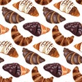 Croissant with different fillings cream chocolate and sesame. Seamless pattern on white background. Print for menu, kitchen