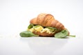 croissant filled with egg, spinach, and feta cheese on white background