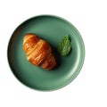 Croissant On A Green Round Smooth Plate, French Dinners. Generative AI