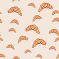 Croissant Hand drawn sketch on pink background. seamless pattern vector